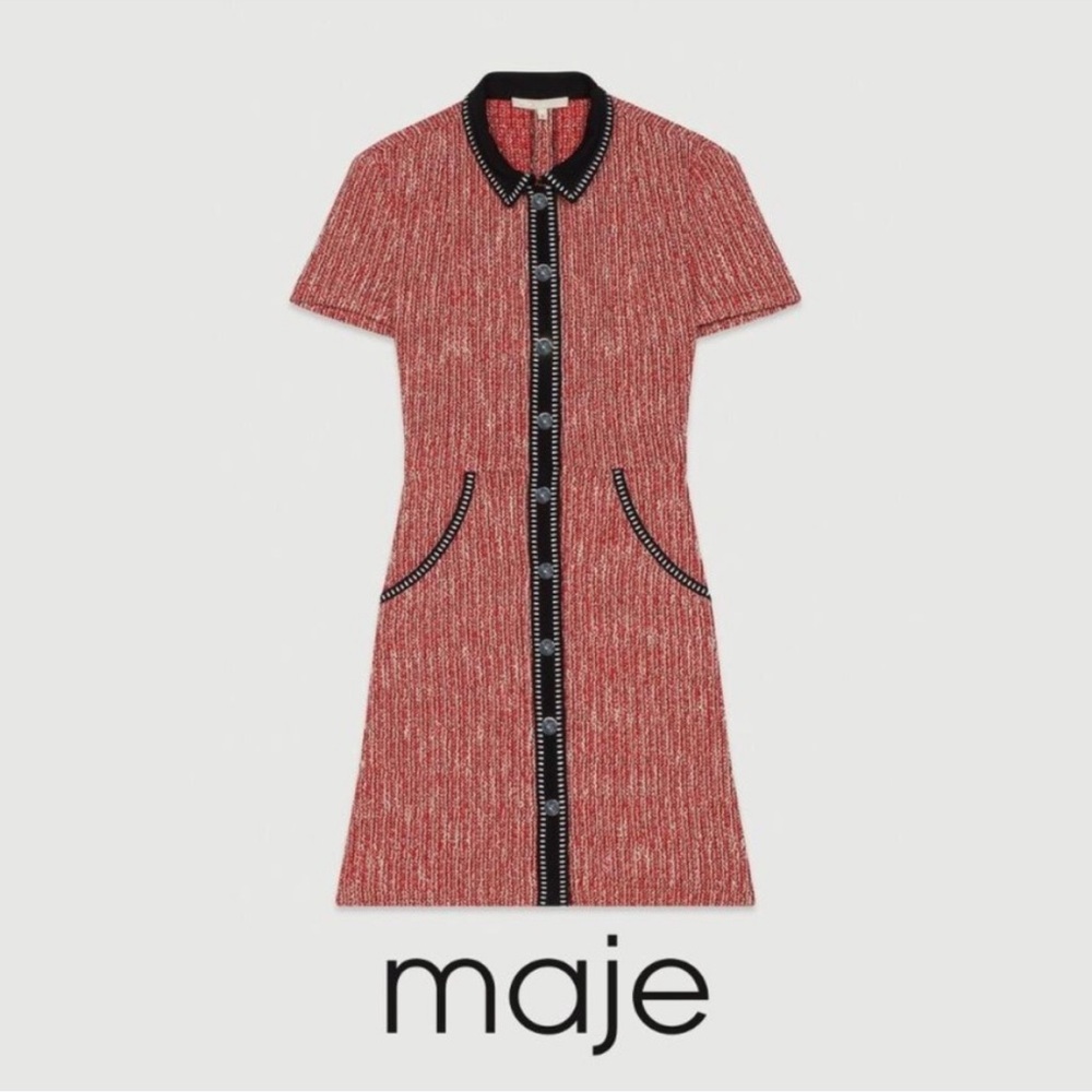 Maje Renati Tweed Red/Black Mini Dress Size 36 Small - Picture 1 of 9